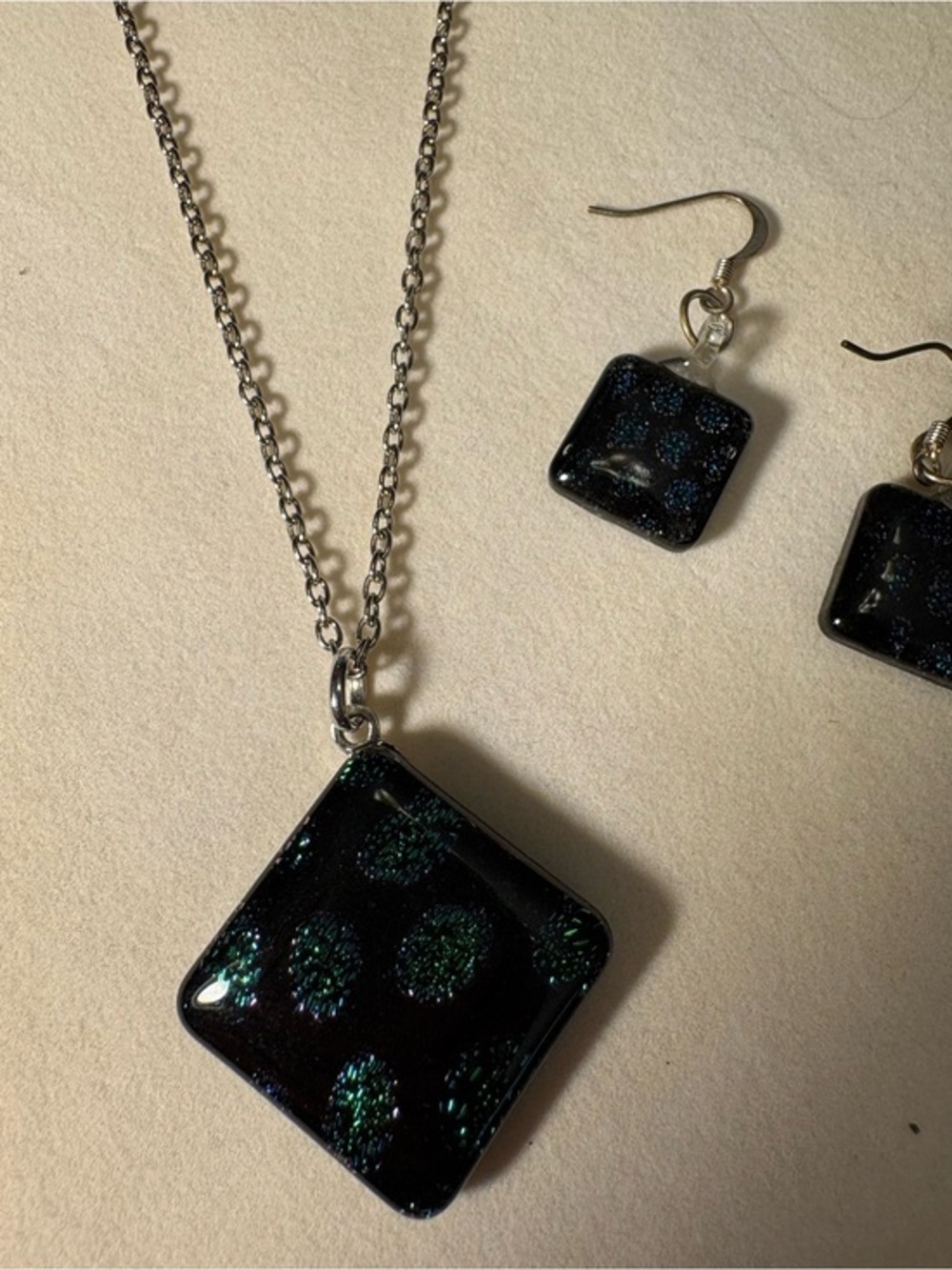 Black Iridescent Murano Glass Square Pendant Necklace & Earrings Set